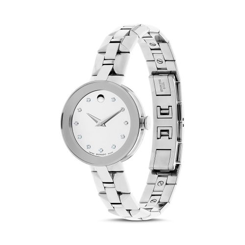  Movado Sapphire Stainless Steel Watch with Diamonds, 28mm