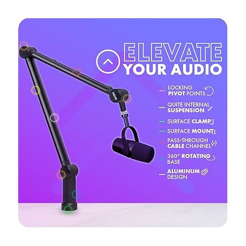  Movo ASM-7 Desktop Mic Boom Arm Stand - Desk Mic Stand with Desktop Clamp - Adjustable Microphone Arm Desk Mount - Compatible with Shure SM7B/MV7, Blue Yeti, HyperX Quadcast, Rode PodMic, and More