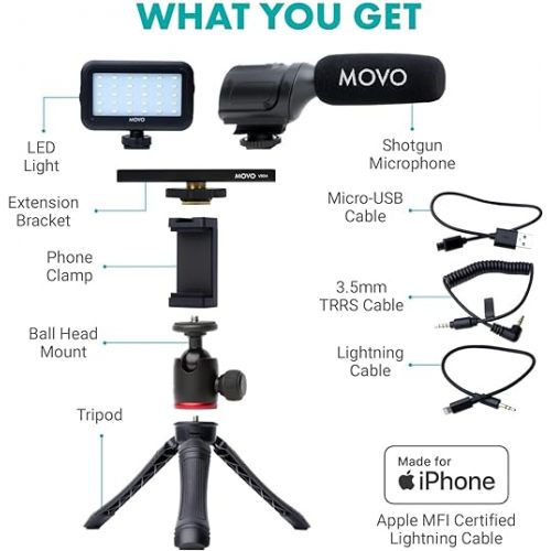  Movo iVlogger Vlogging Kit for iPhone - Lightning Compatible YouTube Starter Kit for Content Creators - Accessories: Phone Tripod, Phone Mount, LED Light and Shotgun Microphone