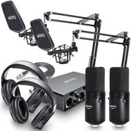 Movo 2-Pack VSM-5 Large Diaphragm Professional Condenser Microphone Kit with MDX-1 2x2 Audio Interface with Mic Arm Stand and Studio Headphones - Podcast Equipment Set for YouTube, Podcast, Streaming