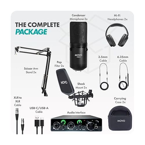  Movo 2-Pack VSM-5 Large Diaphragm Professional Condenser Microphone Kit with MDX-1 2x2 Audio Interface with Mic Arm Stand and Studio Headphones - Podcast Equipment Set for YouTube, Podcast, Streaming