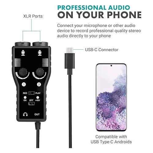  Movo Smartphone Podcast Recording Bundle Kit - 2 Pack Condenser Microphones, 2 Desktop Mic Stands, 2 Pop Filters, 2-Channel XLR Interface w/USB Type-C Output - Compatible with Android, Samsung Galaxy