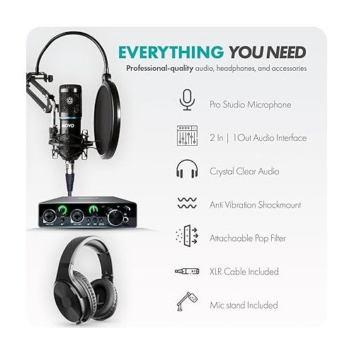  Movo PodPakA Universal Cardioid Condenser Microphone Kit with MDX-1 2x2 Audio Interface, Articulating Scissor Arm Mic Stand, and Headphones - Music Equipment Recording, Podcast Equipment Bundle