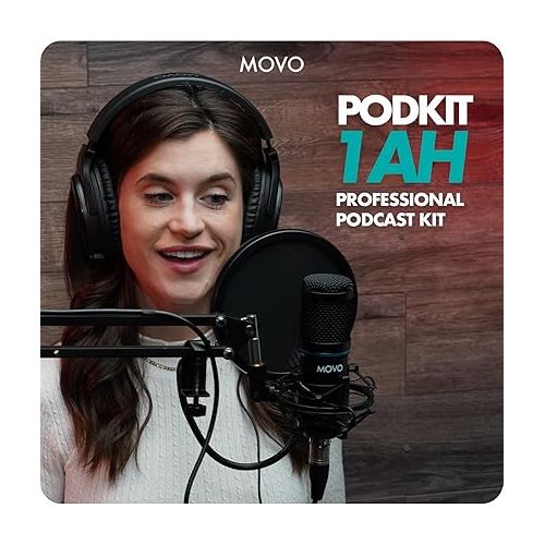 Movo PodPakA Universal Cardioid Condenser Microphone Kit with MDX-1 2x2 Audio Interface, Articulating Scissor Arm Mic Stand, and Headphones - Music Equipment Recording, Podcast Equipment Bundle
