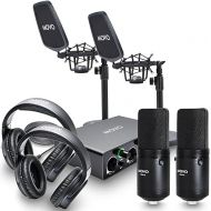 Movo 2-Pack VSM-5 Large Diaphragm Professional Condenser Microphone Kit with MDX-1 2x2 Audio Interface with Table Stand and Studio Headphones - Podcast Equipment Set for YouTube, Podcast, Streaming