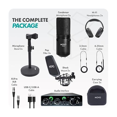  Movo 2-Pack VSM-5 Large Diaphragm Professional Condenser Microphone Kit with MDX-1 2x2 Audio Interface with Table Stand and Studio Headphones - Podcast Equipment Set for YouTube, Podcast, Streaming