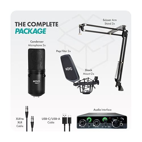  Movo 2-Pack VSM-5 Large Diaphragm Professional Condenser Microphone Kit with MDX-1 2x2 Audio Interface with Articulating Scissor Arm Mic Stand - Podcast Equipment Set for YouTube, Podcast, Streaming