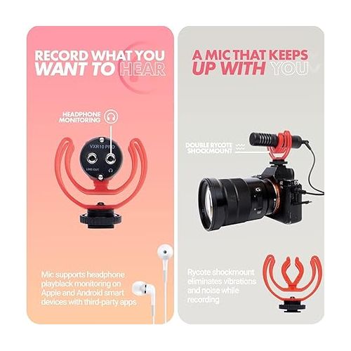  Movo VXR10-PRO External Video Microphone for Camera with Rycote Lyre Shock Mount - Battery-Free ,Compact Shotgun Mic Compatible with DSLR Cameras and iPhone, Android Smartphones