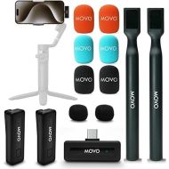 Movo Wireless Mini UC Duo Dual Ultra Compact Wireless Lavalier Microphones for iPhone 15 with Handheld Adapter - Lapel Mic with Handle Mount for Content Creators, Interviews, Reporting and More