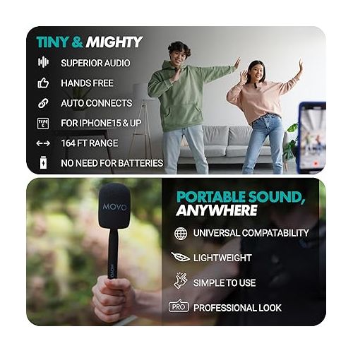  Movo Wireless Mini UC Duo Dual Ultra Compact Wireless Lavalier Microphones for iPhone 15 with Handheld Adapter - Lapel Mic with Handle Mount for Content Creators, Interviews, Reporting and More