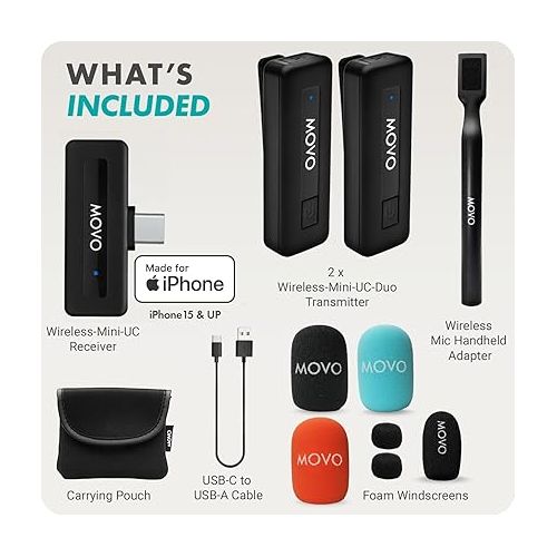  Movo Wireless Mini UC Duo Dual Ultra Compact Wireless Lavalier Microphones for iPhone 15 with Handheld Adapter - Lapel Mic with Handle Mount for Content Creators, Interviews, Reporting and More