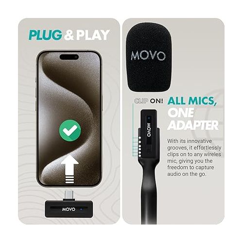  Movo Wireless Mini UC Duo Dual Ultra Compact Wireless Lavalier Microphones for iPhone 15 with Handheld Adapter - Lapel Mic with Handle Mount for Content Creators, Interviews, Reporting and More