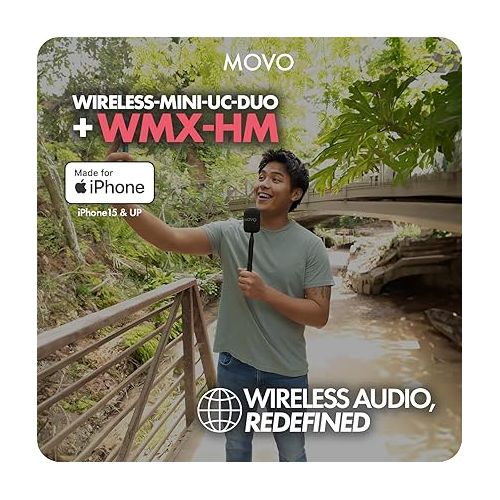  Movo Wireless Mini UC Duo Dual Ultra Compact Wireless Lavalier Microphones for iPhone 15 with Handheld Adapter - Lapel Mic with Handle Mount for Content Creators, Interviews, Reporting and More