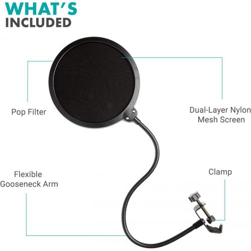  Movo PF-6 Dual Layer Nylon Mesh Microphone Pop filter, Gooseneck Arm and Clamp Mount. Pop Filter Delivers Professional Sound Quality Compatible with Blue Yeti, Blue Snowball Microp