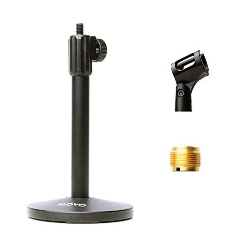  Movo TMC-3 Small Adjustable Table Mic Stand with Round Base and Universal Mic Clip. Table Top Mic Stand Height is Adjustable with Weighted Base Sits on Desk Ideal for Podcast, Live