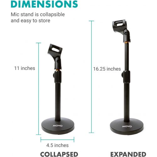  Movo TMC-3 Small Adjustable Table Mic Stand with Round Base and Universal Mic Clip. Table Top Mic Stand Height is Adjustable with Weighted Base Sits on Desk Ideal for Podcast, Live