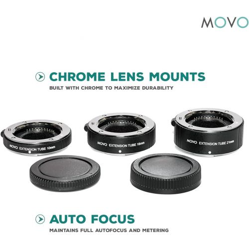  Movo MT-FJ47 3-Piece AF Chrome Macro Extension Tube Set for Fujifilm X-Series Mirrorless Cameras Including X-E3, X-E2S, X-A10, X-A3, X-Pro2, X-T20, X-T2, X-T10, & X-T1