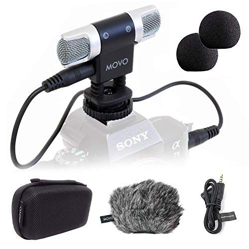  Movo VXR3000 Universal Stereo Microphone with Foam and Furry Windscreens and Travel Case - for iPhone and Android Smartphones, Canon EOS Nikon DSLR, and Action Cameras