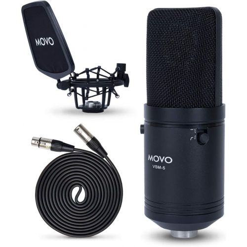  Movo VSM-5 Large Diaphragm XLR Studio Cardioid Condenser Microphone with Shock Mount, Pop Filter, and XLR Cable - Ideal Mic for Vocals, Podcasting, Streaming, Broadcasting, ASMR, a