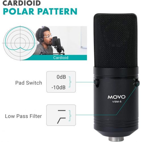  Movo VSM-5 Large Diaphragm XLR Studio Cardioid Condenser Microphone with Shock Mount, Pop Filter, and XLR Cable - Ideal Mic for Vocals, Podcasting, Streaming, Broadcasting, ASMR, a