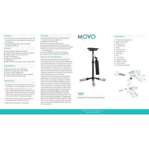  Movo VS7 Handheld Carbon Fiber Adjustable Video Stabilizer System with Quick-Release Plate for DSLR Cameras and Camcorders up to 6.6 LB (3kg)