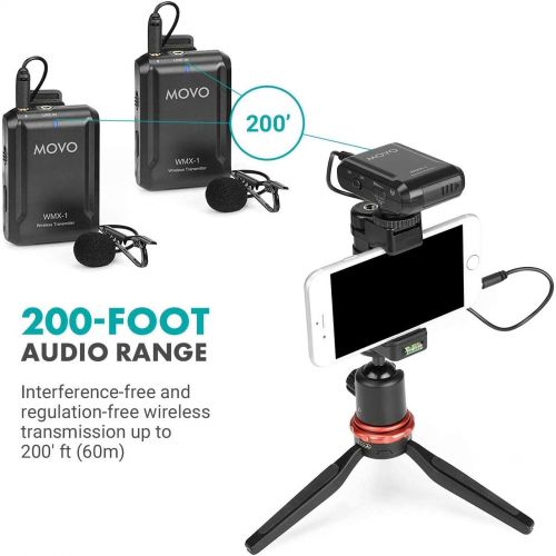  Movo WMX-1-DUO 2.4GHz Dual Wireless Lavalier Microphone System for DJI Osmo Pocket, DSLR Cameras, iPhone, Android Smartphones, and Tablets (200 ft Audio Range) - Great for Teaching
