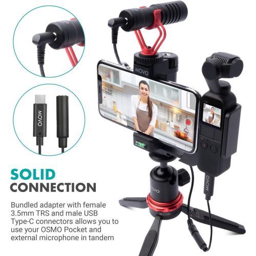  Movo Vlogging Kit Compatible with DJI OSMO Pocket 1, 2 - Video Rig with VXR10 External Microphone, Smartphone Tripod Mount, and Type-C Audio Adapter - Great Bundle for Video and Au