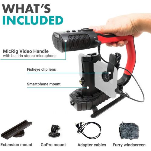  Movo MicRig Extreme Sport Edition - Video Grip Handle with Integrated Stereo Microphone, Windscreen, and Fisheye Lens for iPhone 5, 5C, 5S, 6, 6S, 7, 8, X, XS, XS Max, 11, 11 Pro,