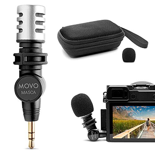  Movo MA5CA 3.5mm TRS Mini Microphone for Camera - Mini Mic for Camera and Camcorder - Video Camera Microphone with 180° Rotation - Pocket-Size Camera Mic for Travel Vlogs and Stree