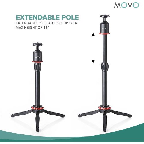  Movo Universal Mini Camera Tripod with Extendable Pole (MV-T1) Adjustable Head, Heavy-Duty Aluminum Travel Stand for DSLR, Mirrorless, GoPro, Smartphones, Compact, Portable