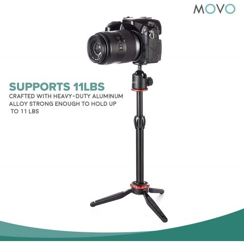  Movo Universal Mini Camera Tripod with Extendable Pole (MV-T1) Adjustable Head, Heavy-Duty Aluminum Travel Stand for DSLR, Mirrorless, GoPro, Smartphones, Compact, Portable