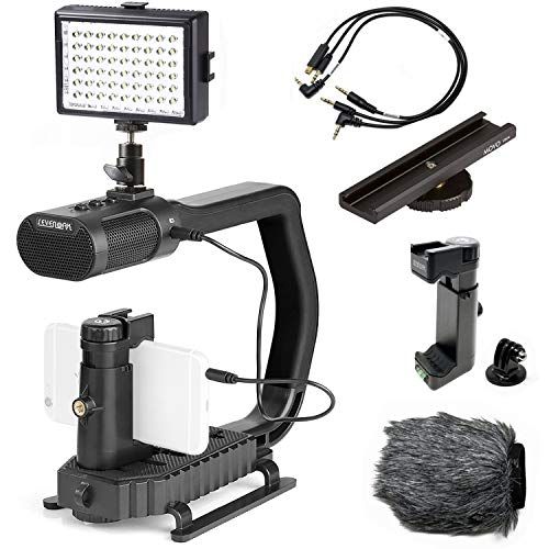  Movo + Sevenoak Micrig U Grip Handle with Built-in Stereo Microphone, LED Light, and Camera Accessories - Stabilizer for Camera, Smartphones, and GoPro Action Cameras