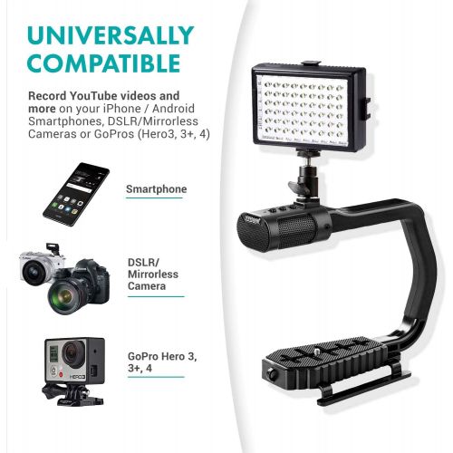  Movo + Sevenoak Micrig U Grip Handle with Built-in Stereo Microphone, LED Light, and Camera Accessories - Stabilizer for Camera, Smartphones, and GoPro Action Cameras