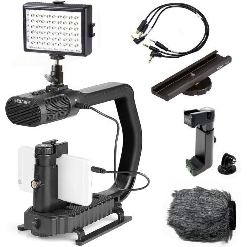  Movo + Sevenoak Micrig U Grip Handle with Built-in Stereo Microphone, LED Light, and Camera Accessories - Stabilizer for Camera, Smartphones, and GoPro Action Cameras
