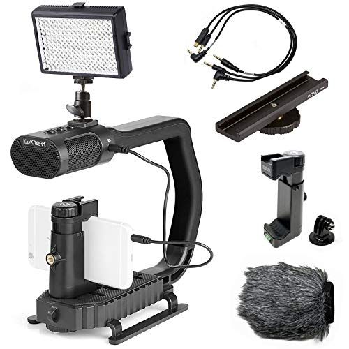  Movo + Sevenoak Micrig U Grip Handle with Built-in Stereo Microphone, LED Light, and Camera Accessories - Stabilizer for Camera, Smartphones, and GoPro Action Cameras