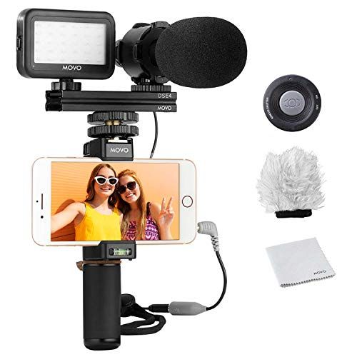  Movo Smartphone Vlogging Kit V7 with Grip Rig, Stereo Microphone, LED Light and Wireless Remote - YouTube, TikTok, Vlogging Equipment for iPhone/Android Smartphone Video Kit