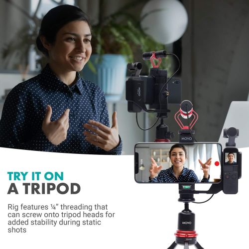  Movo Video Rig Compatible with The DJI OSMO Pocket 1, 2 - Includes Universal Smartphone Mount, Grip Handle, and 2 Cold Shoes for Mounting Microphone, Light - OSMO Pocket Microphone