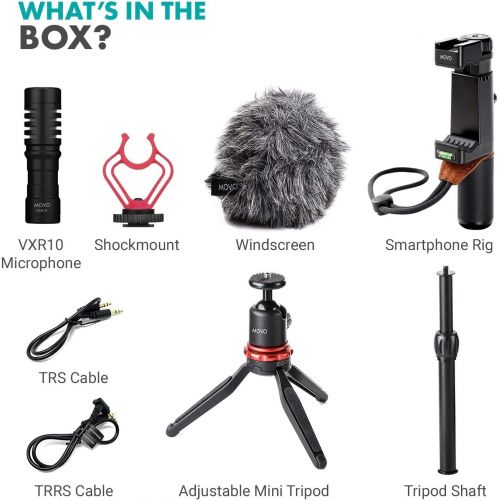  Movo VXR10+ Smartphone Video Rig with Mini Tripod, Phone Grip, and Video Microphone Compatible with iPhone 13, 12, 11, 11 Pro, XS, XR, X, 8, 7, and Android - for YouTube, TIK Tok,