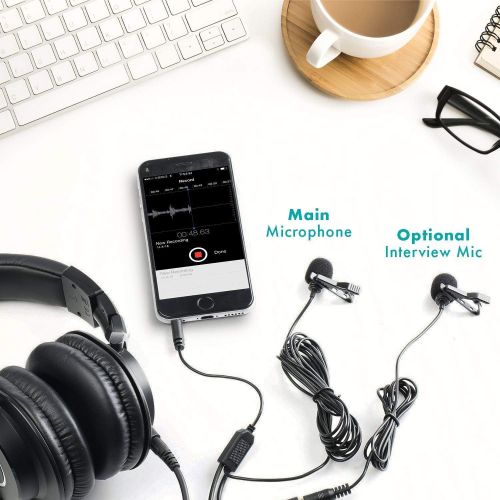  [아마존베스트]Movo Professional Lavalier Lapel Clip-on Interview Podcast Microphone with Secondary Mic and Headphone Monitoring Input for iPhone, iPad, Samsung, Android Smartphones, Tablets - Po