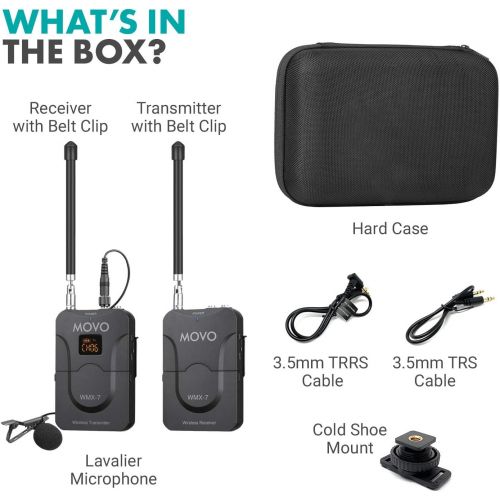  [아마존베스트]Movo WMX-7 VHF 12-Channel Wireless Lavalier Microphone System with 1 Receiver, 1 Transmitter, and 1 Lapel Microphone Compatible with DSLRs, iPhone/Android Smartphones, and Tablets