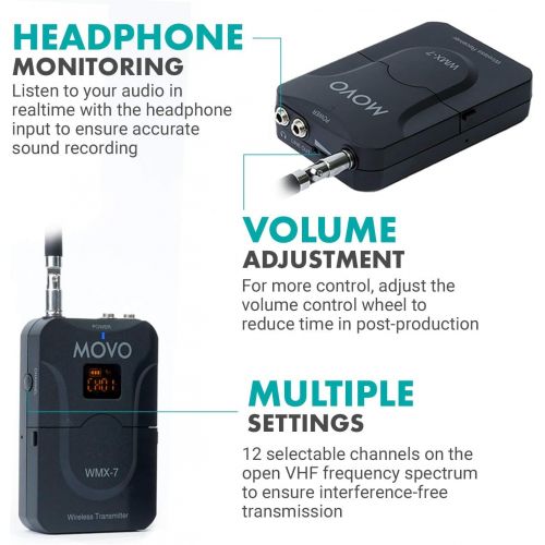  [아마존베스트]Movo WMX-7 VHF 12-Channel Wireless Lavalier Microphone System with 1 Receiver, 1 Transmitter, and 1 Lapel Microphone Compatible with DSLRs, iPhone/Android Smartphones, and Tablets