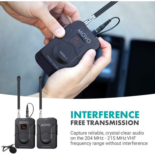  [아마존베스트]Movo WMX-7 VHF 12-Channel Wireless Lavalier Microphone System with 1 Receiver, 1 Transmitter, and 1 Lapel Microphone Compatible with DSLRs, iPhone/Android Smartphones, and Tablets