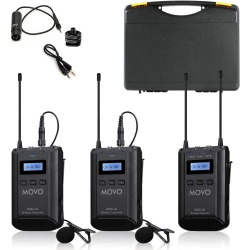  Movo WMX-20-DUO 48-Channel UHF Wireless Lavalier Microphone System with 1 Receiver, 2 Transmitters, and 2 Lapel Microphones Compatible with DSLR Cameras (330 ft Audio Range)