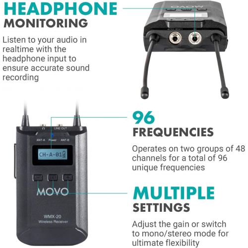  Movo WMX-20-DUO 48-Channel UHF Wireless Lavalier Microphone System with 1 Receiver, 2 Transmitters, and 2 Lapel Microphones Compatible with DSLR Cameras (330 ft Audio Range)