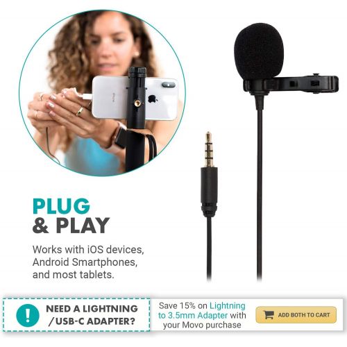  [아마존베스트]Movo PM10 Lavalier Microphone and Lapel Microphone for iPhone, iPad, Android, and Other Smartphones - Easy Clip on Microphone Perfect for Recording a Podcast, Vlog, Interview, YouT