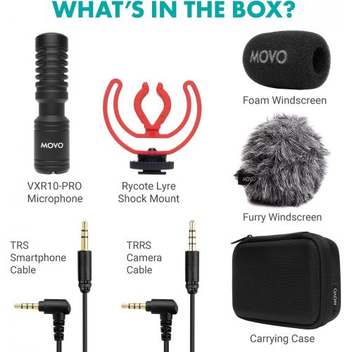 [아마존베스트]Movo VXR10-PRO External Video Microphone for Camera with Rycote Lyre Shock Mount - Compact Shotgun Mic and Accessories Compatible with Smartphones and DSLR Cameras - Battery-Free D