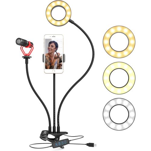  [아마존베스트]Movo Desk Ring Light with Stand and Phone Holder with VXR10 Video Microphone Compatible with iPhone, Android Smartphones - Smartphone Video Recording Kit Perfect for Vlogging and Y