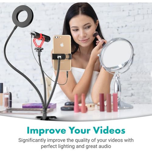  [아마존베스트]Movo Desk Ring Light with Stand and Phone Holder with VXR10 Video Microphone Compatible with iPhone, Android Smartphones - Smartphone Video Recording Kit Perfect for Vlogging and Y