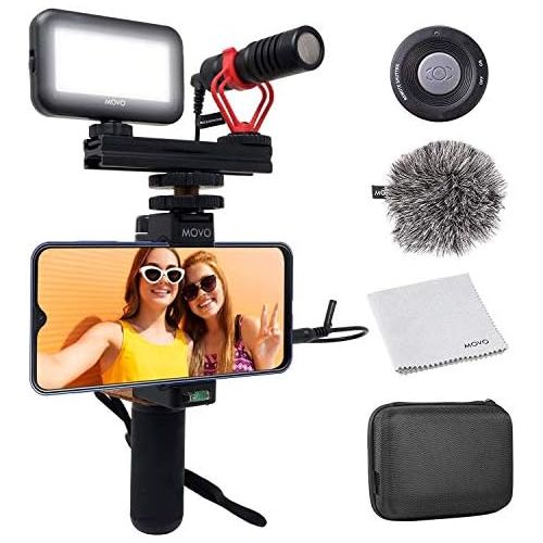  Movo Smartphone Video Kit V1 with Grip Rig, Shotgun Microphone, LED Light & Wireless Remote - for iPhone 5, 5C, 5S, 6, 6S, 7, 8, X, XS, XS Max, Samsung Galaxy, Note & More