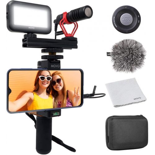  Movo Smartphone Video Kit V1 with Grip Rig, Shotgun Microphone, LED Light & Wireless Remote - for iPhone 5, 5C, 5S, 6, 6S, 7, 8, X, XS, XS Max, Samsung Galaxy, Note & More